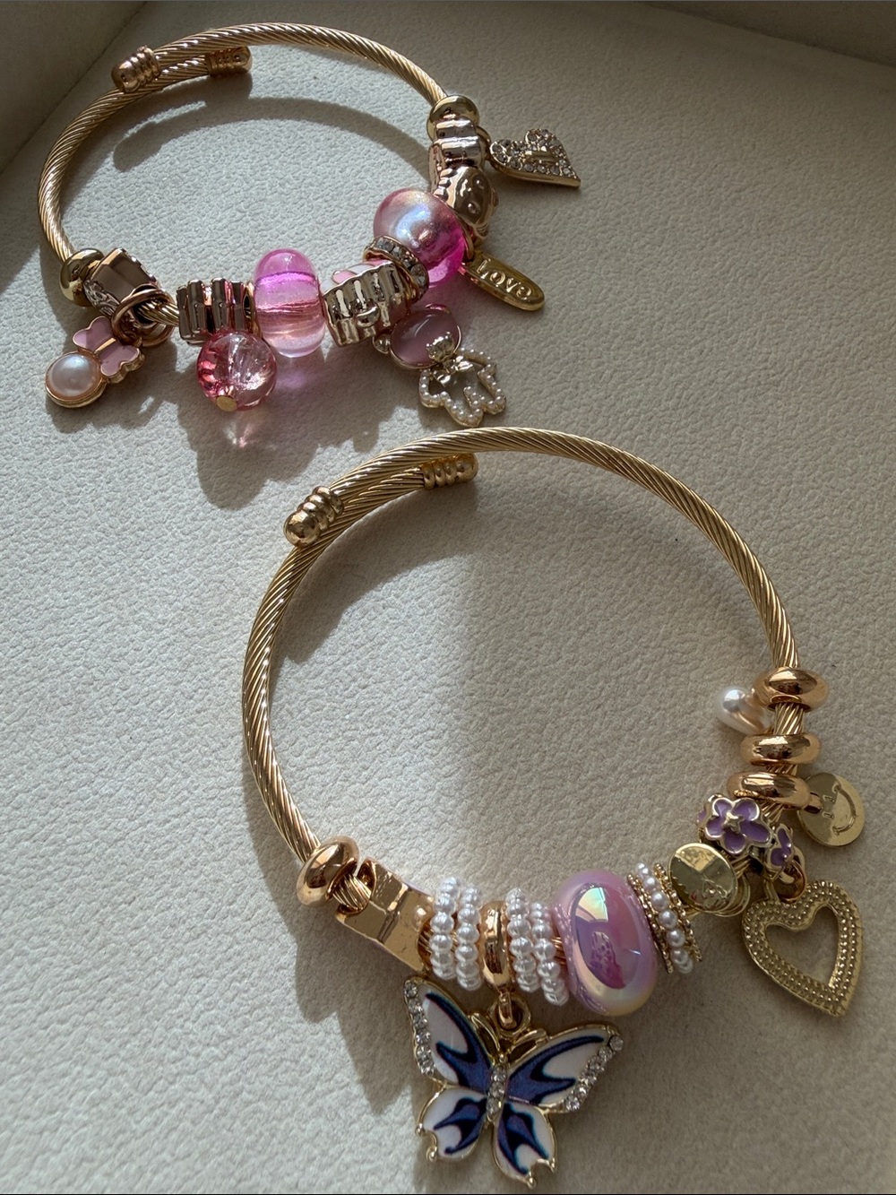 Gold-Tone Pink Charm Bracelets with Butterfly and Heart Pendants- Bundle of 2